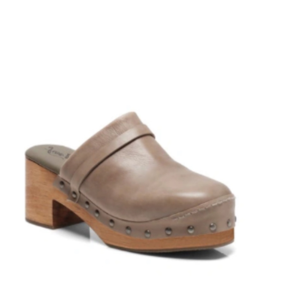 Free People Taupe Leather Studded Clog Mules